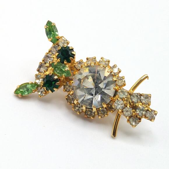 Vintage Green Rhinestone Owl Brooch, Uranium Glass Ears Nose, Gold Plated - Picture 8 of 10